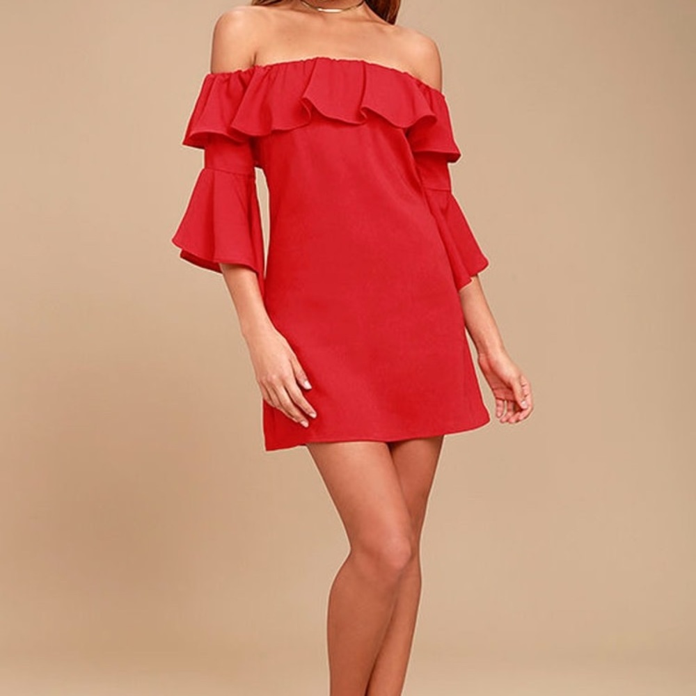 Lulus Elegant Off-Shoulder Red Dress. Size. XS